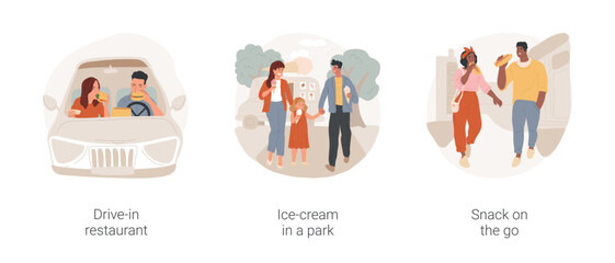 Eating on-the-go isolated cartoon vector illustration set. Drive-in restaurant, snacking in the car, happy family eating ice-cream in a park, snack on the go, fast food vector cartoon.
