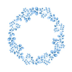 Watercolor hand drawn botanical natural frame with wild meadow blue plants with round leaves plants with copy space in the middle. Isolated on white aquarelle design element