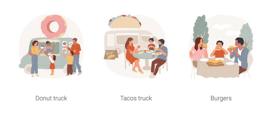 Eating outdoors isolated cartoon vector illustration set. Donut truck, small eatery business, sell tachos from van, takeaway burgers, street food festival, family eating outdoors vector cartoon.