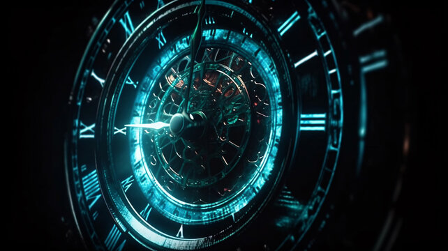 a close up of a clock in a dark room