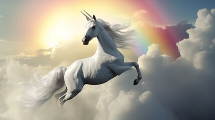 Fototapeta na wymiar a white horse in the sky with a rainbow in the background