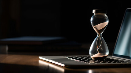 Hourglass on laptop computer concept for time management, Generative Ai
