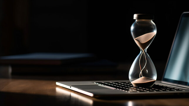 Hourglass on laptop computer concept for time management, Generative Ai