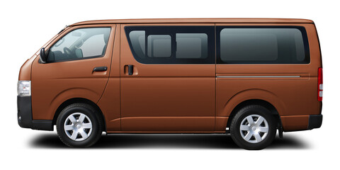Japanese modern brown passenger minibus. Side view, isolated on white background.