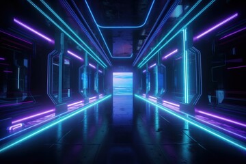 a dark hallway with neon lights and mirrors, generative AI