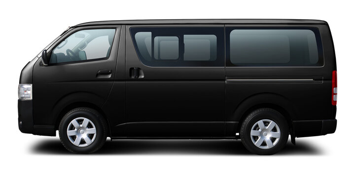 Japanese modern black passenger minibus. Side view, isolated on white background.
