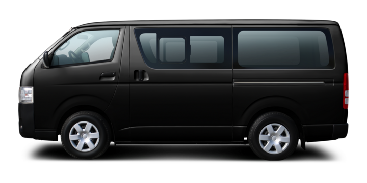 Japanese modern black passenger minibus. Side view, isolated on white background.