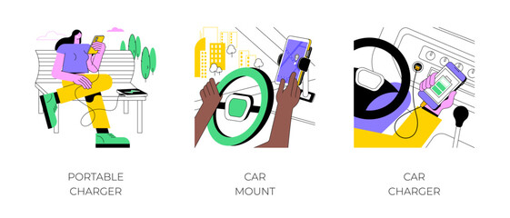 Smartphone accessories isolated cartoon vector illustrations set. Portable charger, car mount, automotive charger for gadgets, power bank, mobile modern digital technology vector cartoon.
