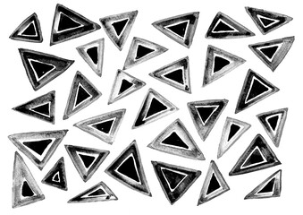 Triangles of different sizes on a white background. Black triangles with a white and gray outline. blurring

