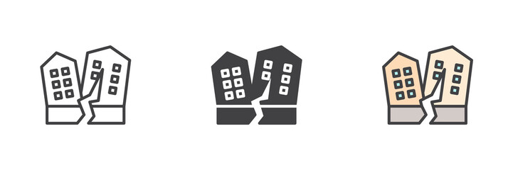 Earthquake damage buildings different style icon set