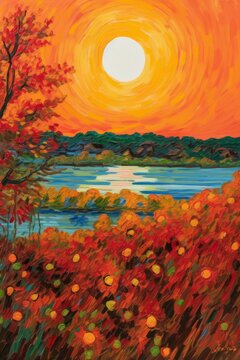 Sunset over the lake. Oil painting on canvas. Colorful autumn landscape.