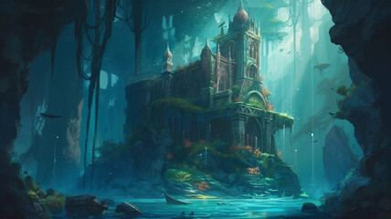 a painting of a castle in the middle of a forest