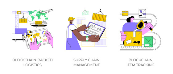 Blockchain technology in logistics isolated cartoon vector illustrations set. Person with tablet controlling transportation process, supply chain management, blockchain item tracking vector cartoon.