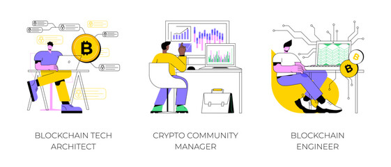 Blockchain jobs isolated cartoon vector illustrations set. Tech architect works at computer, crypto community manager, blockchain engineer profession, computing specialist vector cartoon.