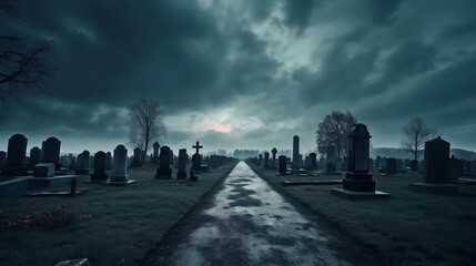 Cemetery or graveyard in the night with dark sky and white clouds. Haunted cemetery. Spooky and scary burial ground. Horror scene of graveyard. Funeral concept, Generative Ai - obrazy, fototapety, plakaty