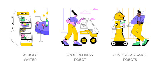 Service robots isolated cartoon vector illustrations set. Robotic waiter with trays serving in restaurant, food delivery robot, autonomous courier, customer service humanoid machine vector cartoon.