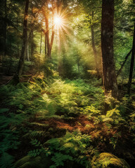 Fototapeta premium A lush green forest with ferns in stunning sunlight with sun rays - generative ai