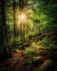 Obraz premium A lush green forest with ferns in stunning sunlight with sun rays - generative ai