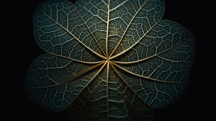 a close up of a leaf on a black surface