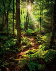 Fototapeta premium A lush green forest with ferns in stunning sunlight with sun rays - generative ai