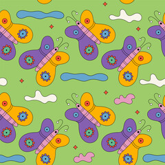 Trendy colorful retro seamless pattern with fantasy butterflies, moon, stars, clouds. Abstract groovy vector illustration repeatable background wallpaper