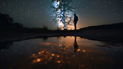 a person standing next to a body of water under a night sky