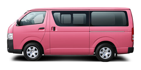 Japanese modern pink passenger minibus. Side view, isolated on white background.