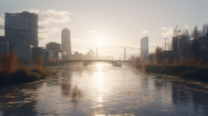 Fototapeta na wymiar a river running through a city next to tall buildings
