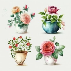 Watercolour of rose pot. Watercolor of rose pots. Roses watercolour. Generative AI.