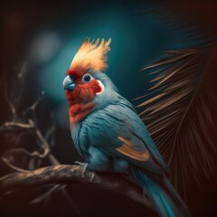 Beautiful red teal cockatiel. Cockatiel portrait. Generative AI.