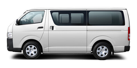 Japanese modern white passenger minibus. Side view, isolated on white background.