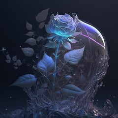 Roses with many Beautiful Spectral light blue rose drop reflection. 3d style art illustration. Generative AI.