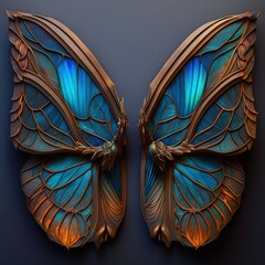 Open wings made out of carved opal and giant blue butterfly. 3d style art illustration butterfly. Generative AI.