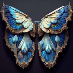 Open wings made out of carved opal and giant blue butterfly. 3d style art illustration butterfly. Generative AI.