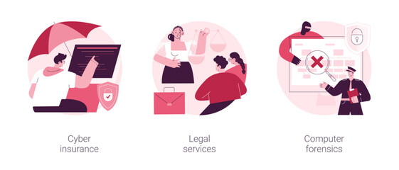 IT security abstract concept vector illustration set. Cyber insurance, legal services, computer forensics, server data recovery, attorney advice, cybercrime risk data protection abstract metaphor.