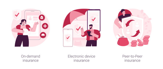Insurance policy abstract concept vector illustration set. On-demand insurance, electronic device warranty coverage, peer-to-peer collaborative social risk, accident cost abstract metaphor.