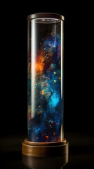 Glass tube contained the oceans, earth, wind, fire, ether, entire nature universe with stargazing nebula and stars , galaxies. Generative AI.