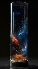 Glass tube contained the oceans, earth, wind, fire, ether, entire nature universe with stargazing nebula and stars , galaxies. Generative AI.