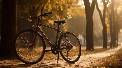 Fototapeta na wymiar A bike in a park with trees in the background.generative ai