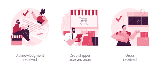 Order status abstract concept vector illustration set. Acknowledgment received, drop-shipper receives order, package delivery service, retail shopping online, shipping details abstract metaphor.