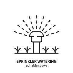 Automatic sprinkler system watering line icon. Garden irrigation vector outline illustration. Smart farming symbol. Editable stroke.