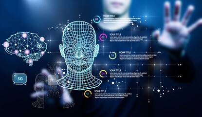 hands or programmer engineer with AI body hologram for futuristic research, 3d ai analysis or AI innovation. AI Face design with virtual holographic anatomy for digital AI robot design.
