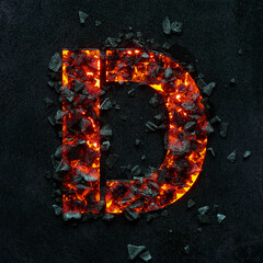 The burning capital letter D on a black background is made of hot coals.