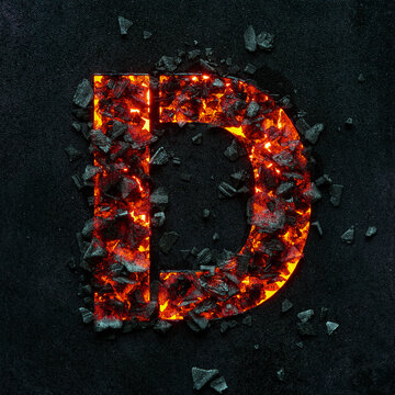 The burning capital letter D on a black background is made of hot coals.