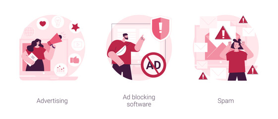 Internet promotion campaign abstract concept vector illustration set. Advertising, Ad blocking software, spam malware spreading, browser extension, mail filter, target audience abstract metaphor.