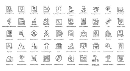 Research Thin Line Icons Science Experiment Medical Icon Set in Outline Style 50 Vector Icons in Black