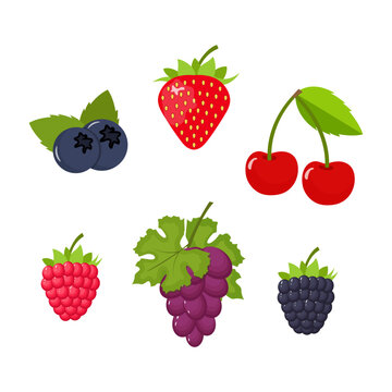 Sweet berries isolated on white background. Vector icons set. Illustration with strawberry, cherry, raspberry, blackberry and blueberry