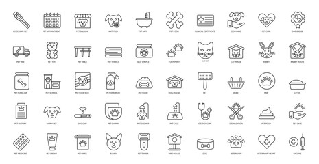 Pet Grooming Thin Line Icons Animal Pets Icon Set in Outline Style 50 Vector Icons in Black