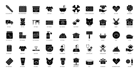 Pet Grooming Glyph Icons Animal Pets Icon Set in Glyph Style 50 Vector Icons in Black