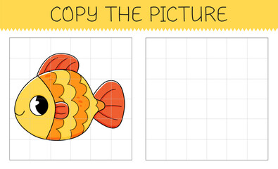 Copy the picture is an educational game for kids with goldfish. Cute cartoon fish. Vector illustration.
